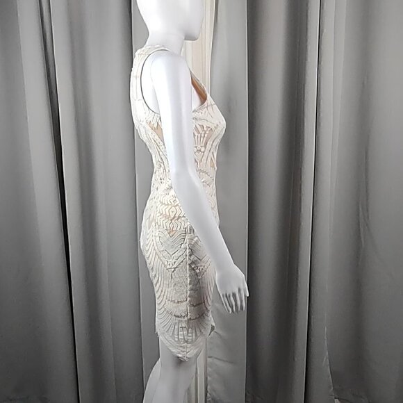 Tea & Cup Cream Bodycon Fitted & Lined Cotton Mini Dress. Size Small - Picture 3 of 13